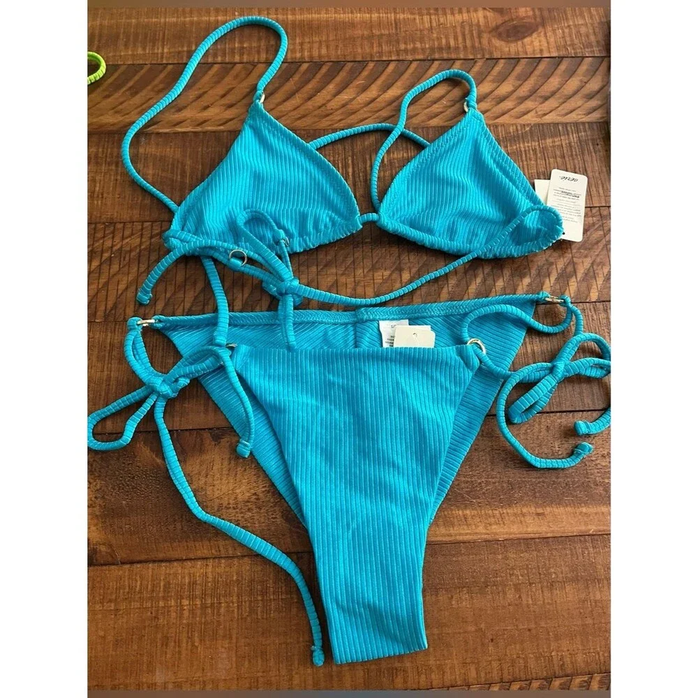 NWT Aerie FULL SET Shine Rib String Triangle Top + Cheekiest Tie Bottom Blue - S - Picture 2 of 4